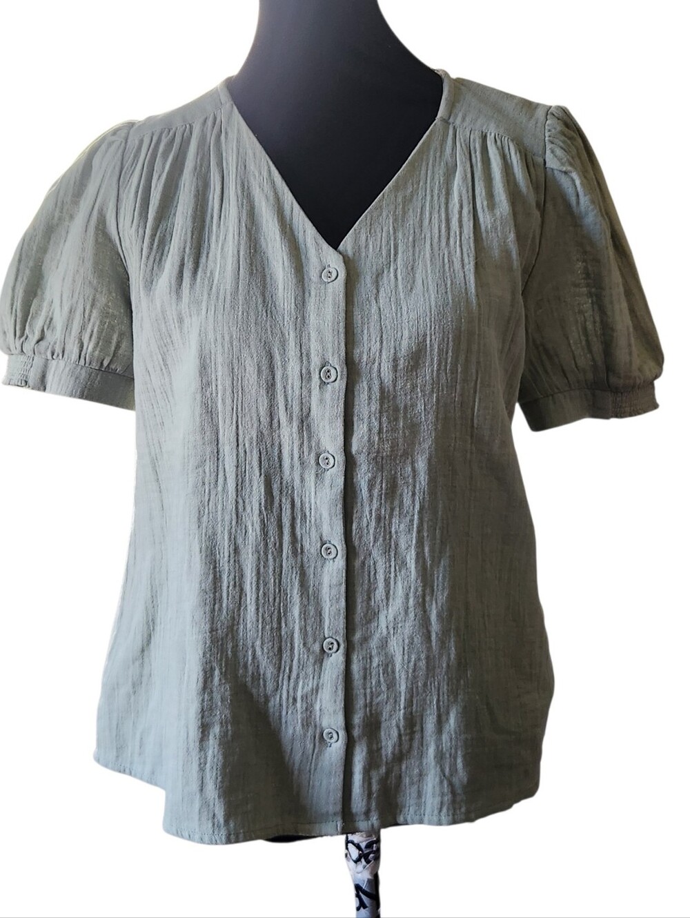Downeast Danica Blouse Sage Green Small 100% Cotton Short Sleeve Top Shirt